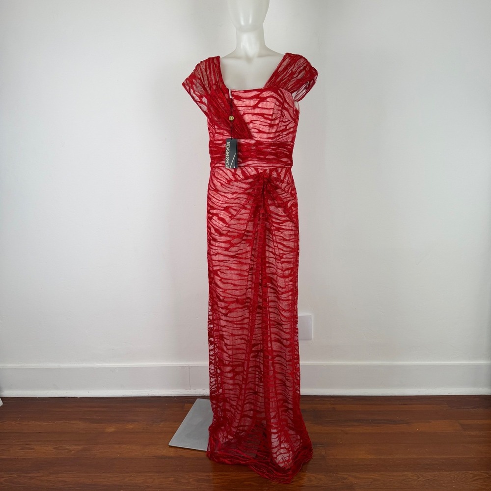 Tadashi Shoji Red Metallic Mesh Asymmetrical Gown ANT1924L  Womens 8 NWT